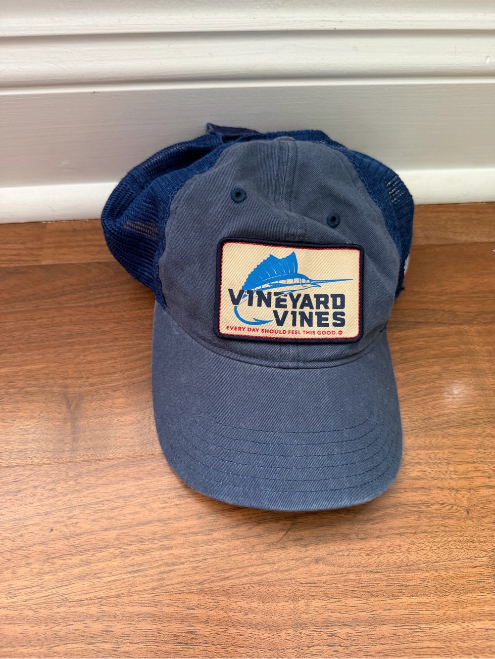 Vineyard Vines Navy Hat with Cream Logo Patch